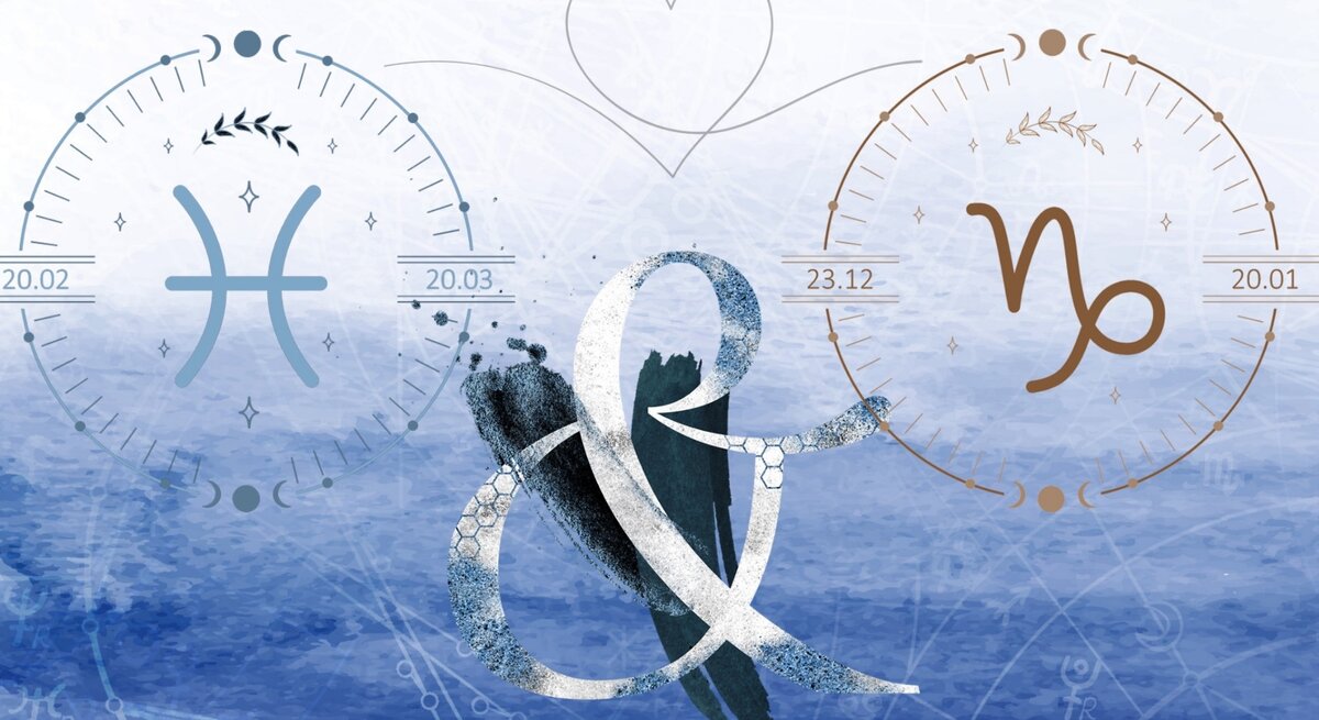 Die astrologischen Symbole der Sternzeichen Fische und Steinbock vor einer blauen Aquarellzeichnung.