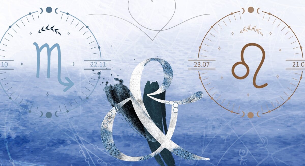 Die astrologischen Symbole der Sternzeichen Skorpion und Löwe vor einer hellblauen Aquarellzeichnung.