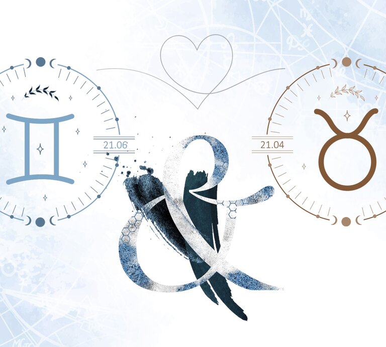 Die astrologischen Symbole der Sternzeichen Zwillinge und Stier vor einer hellblauen Aquarellzeichnung. | © Shutterstock, Getty Images [M]