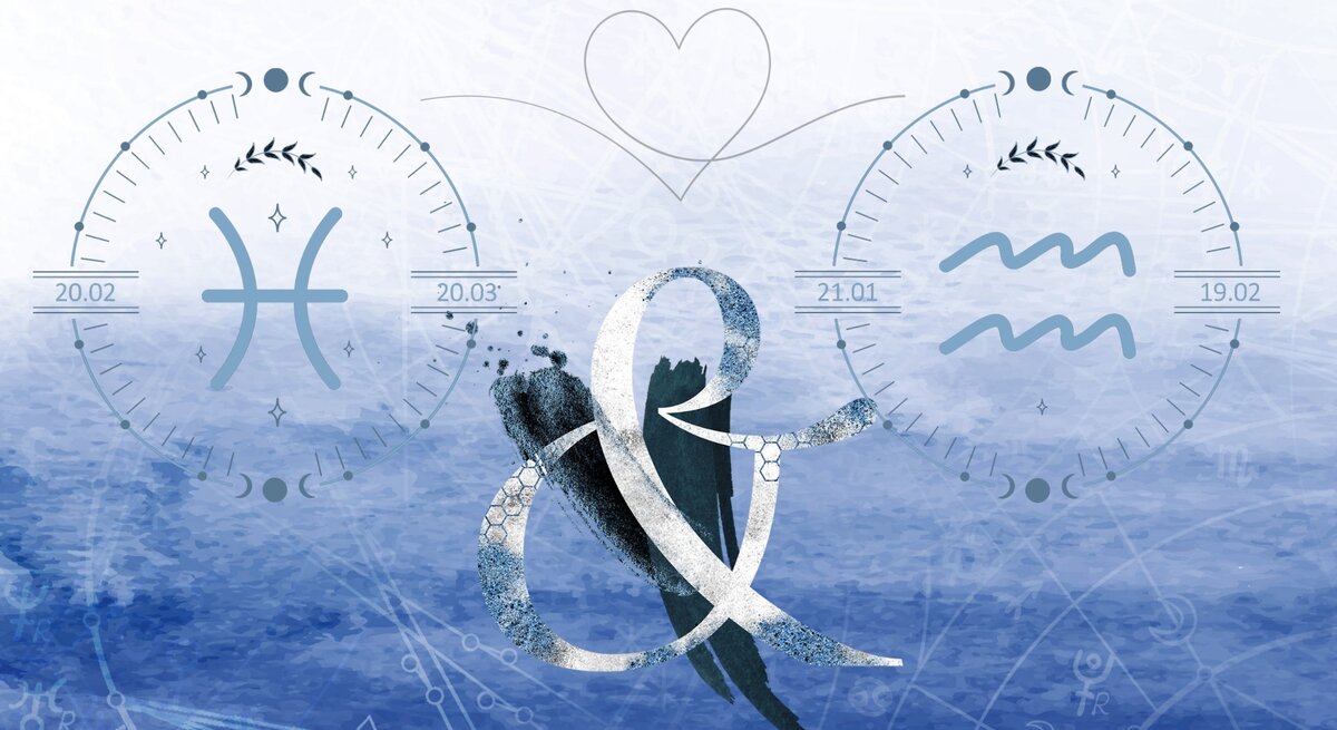 Die astrologischen Symbole der Sternzeichen Fische und Wassermann vor einer blauen Aquarellzeichnung.