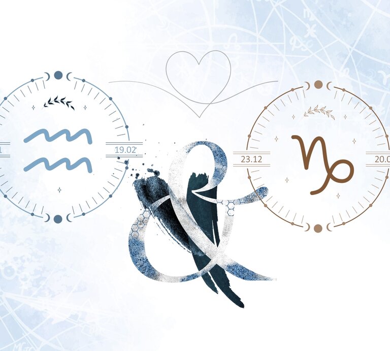 Die astrologischen Symbole der Sternzeichen Wassermann und Steinbock vor einer blauen Aquarellzeichnung. | © Shutterstock, GettyImages [M]