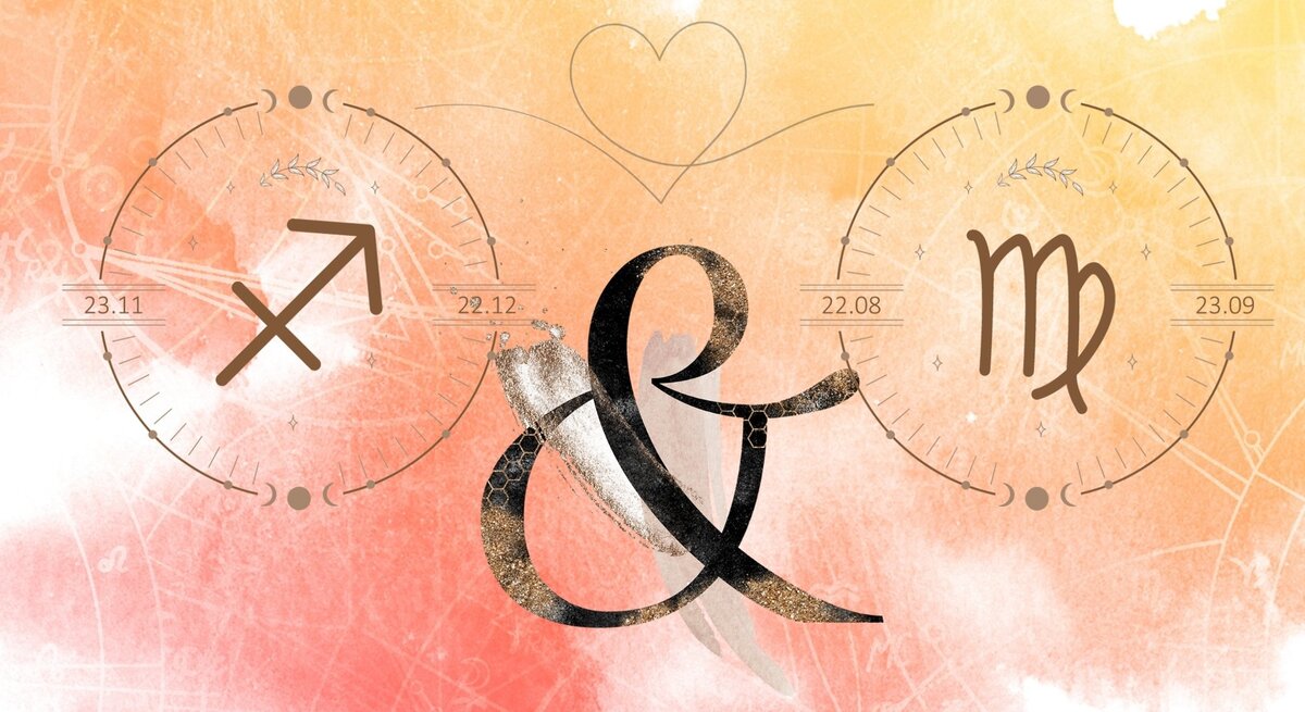 Die astrologischen Symbole der Sternzeichen Schütze und Skoprion vor einer orangefarbenen Aquarellzeichnung.