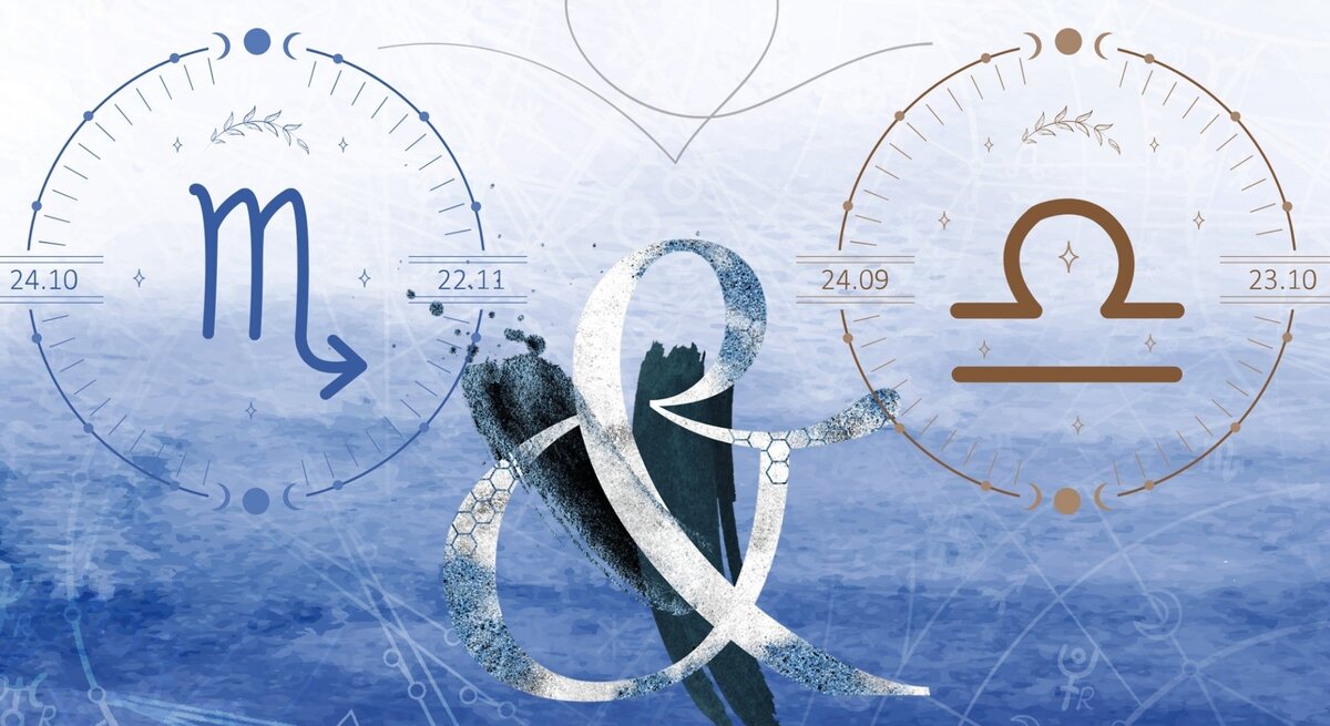 Eine Illustration der astrologischen Symbole der Sternzeichen Skorpion und Waage vor dem Hintergrund einer blauen Aquarellzeichnung.