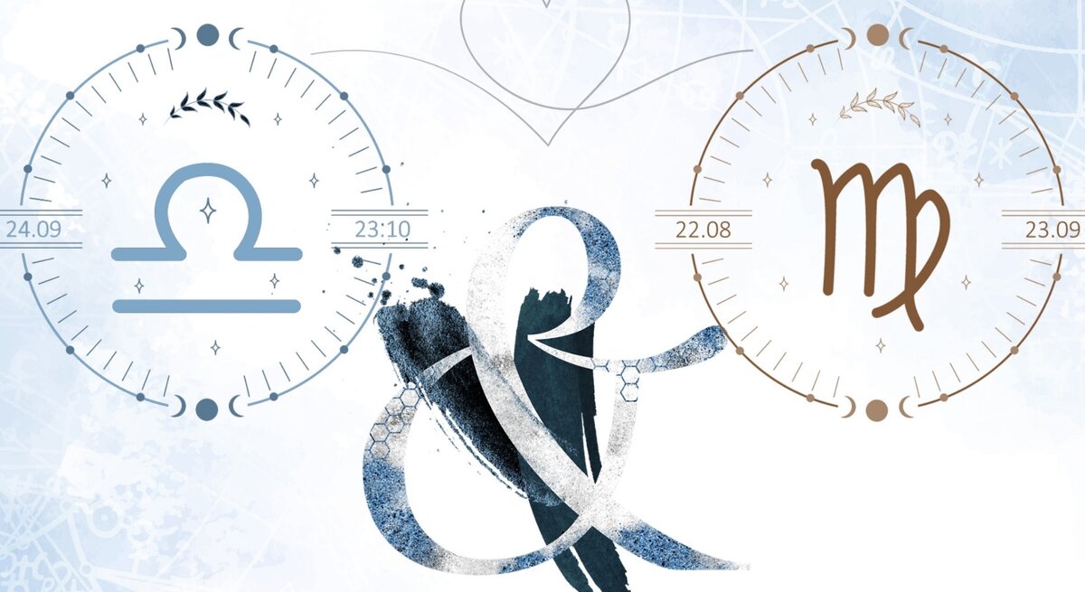 Die astrologischen Symbole der Sternzeichen Waage und Jungfrau vor einer hellblauen Aquarellzeichnung.