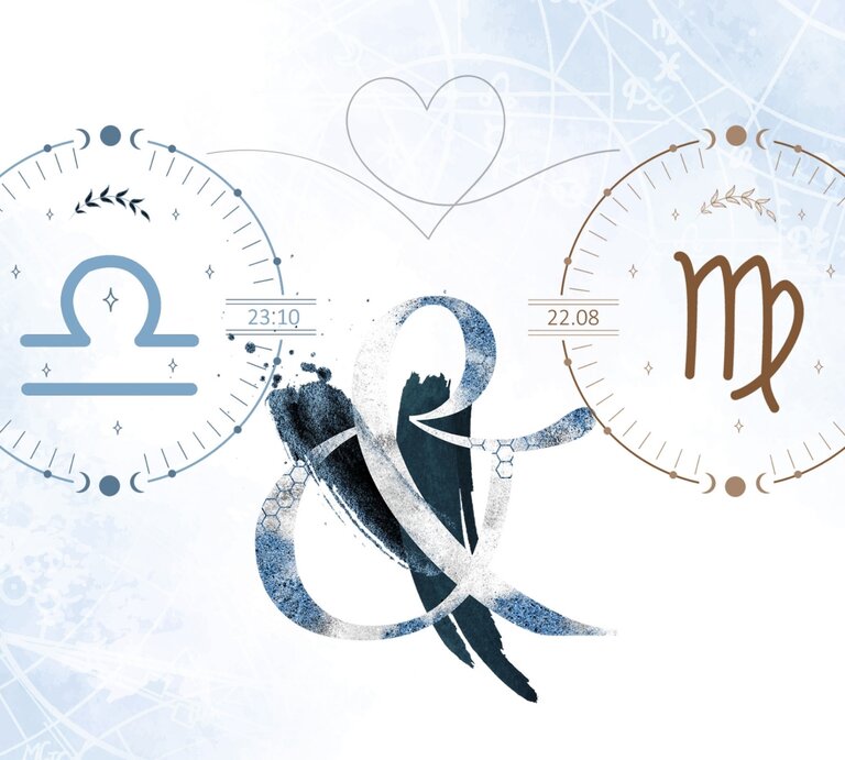 Die astrologischen Symbole der Sternzeichen Waage und Jungfrau vor einer hellblauen Aquarellzeichnung. | © Shutterstock, Getty Images [M]