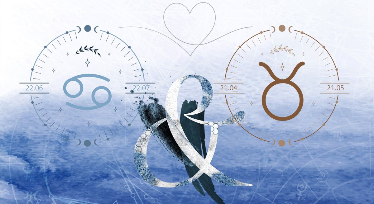Die astrologischen Symbole der Sternzeichen Krebs und Stier vor einer hellblauen Aquarellzeichnung.