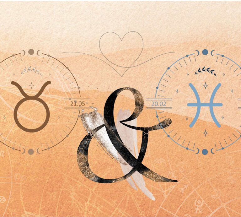 Die astrologischen Symbole der Sternzeichen Stier und Fische vor einer orangefarbenen Aquarellzeichnung. | © Shutterstock, Getty Images