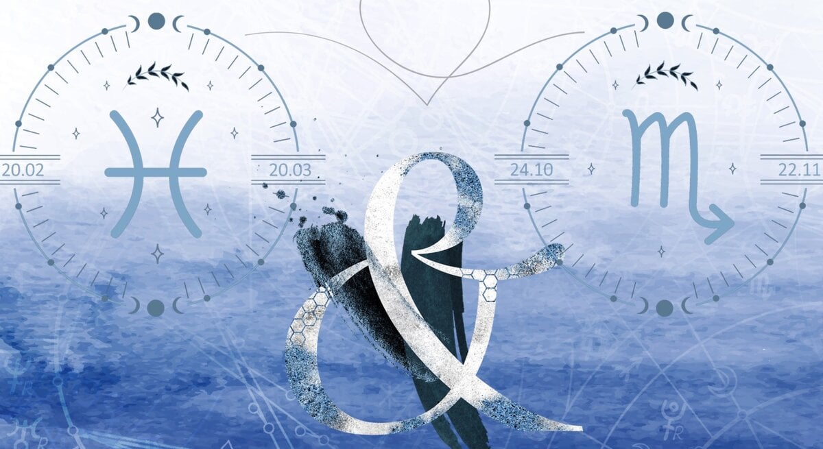 Die astrologischen Symbole der Sternzeichen Fische und Skorpion vor einer blauen Aquarellzeichnung.