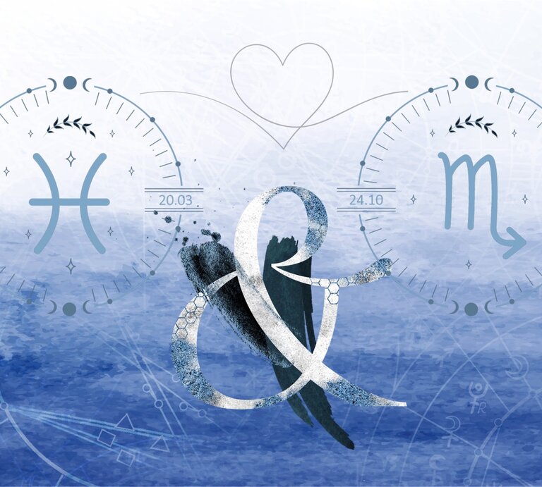 Die astrologischen Symbole der Sternzeichen Fische und Skorpion vor einer blauen Aquarellzeichnung. | © Shutterstock, Getty Images