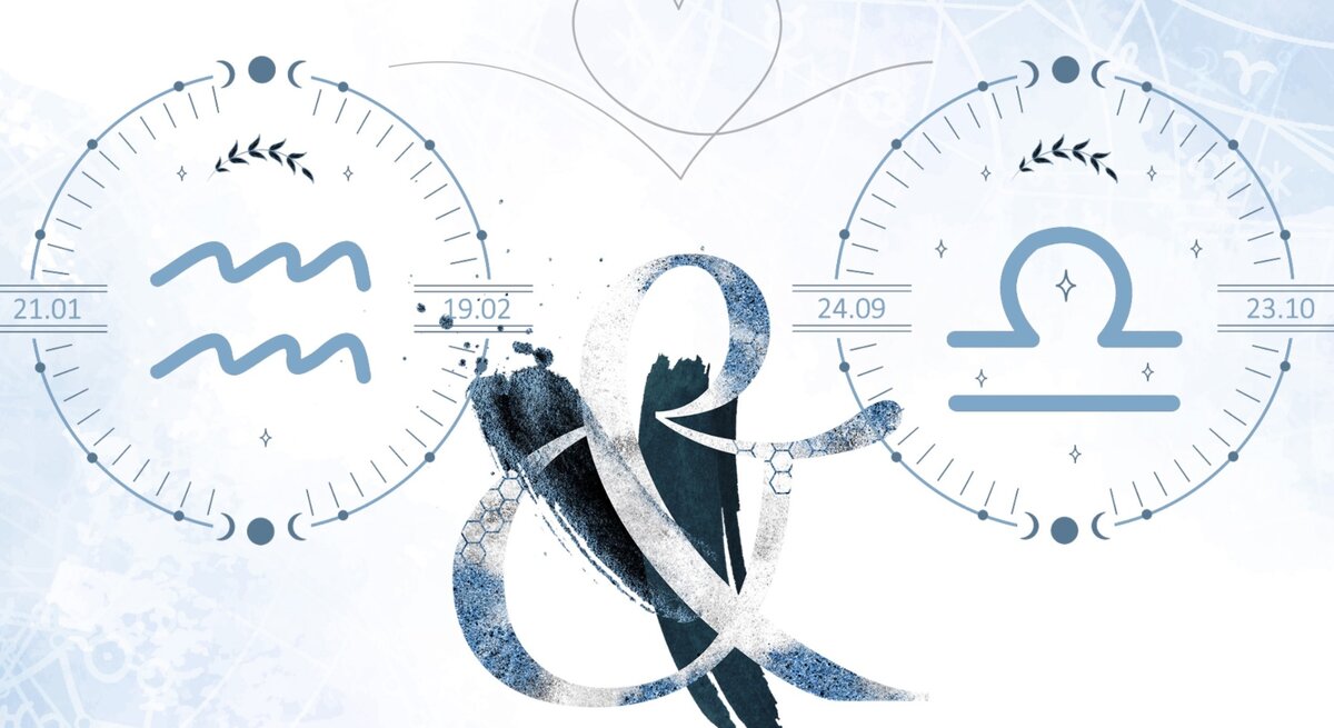 Die astrologischen Symbole der Sternzeichen Wassermann und Waage vor einer blauen Aquarellzeichnung.