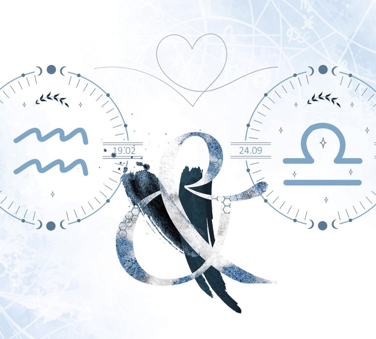 Die astrologischen Symbole der Sternzeichen Wassermann und Waage vor einer blauen Aquarellzeichnung. | © Shutterstock, GettyImages