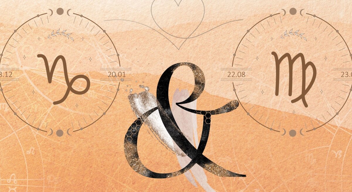 Die astrologischen Symbole der Sternzeichen Steinbock und Jungfrau vor einer orangefarbenen Aquarellzeichnung.