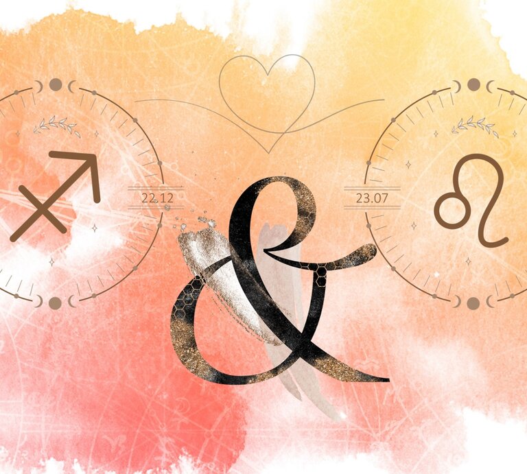 Die astrologischen Symbole der Sternzeichen Schütze und Löwe vor einer orangefarbenen Aquarellzeichnung. | © Shutterstock, Getty Images