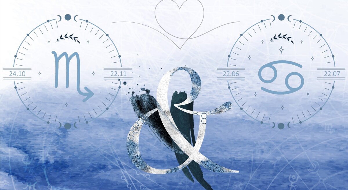 Die astrologischen Symbole der Sternzeichen Skorpion und Krebs vor einer hellblauen Aquarellzeichnung.