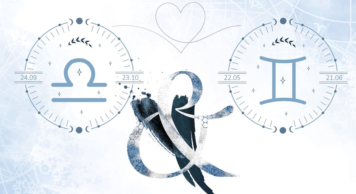 Die astrologischen Symbole der Sternzeichen Waage und Zwillinge vor einer hellblauen Aquarellzeichnung.