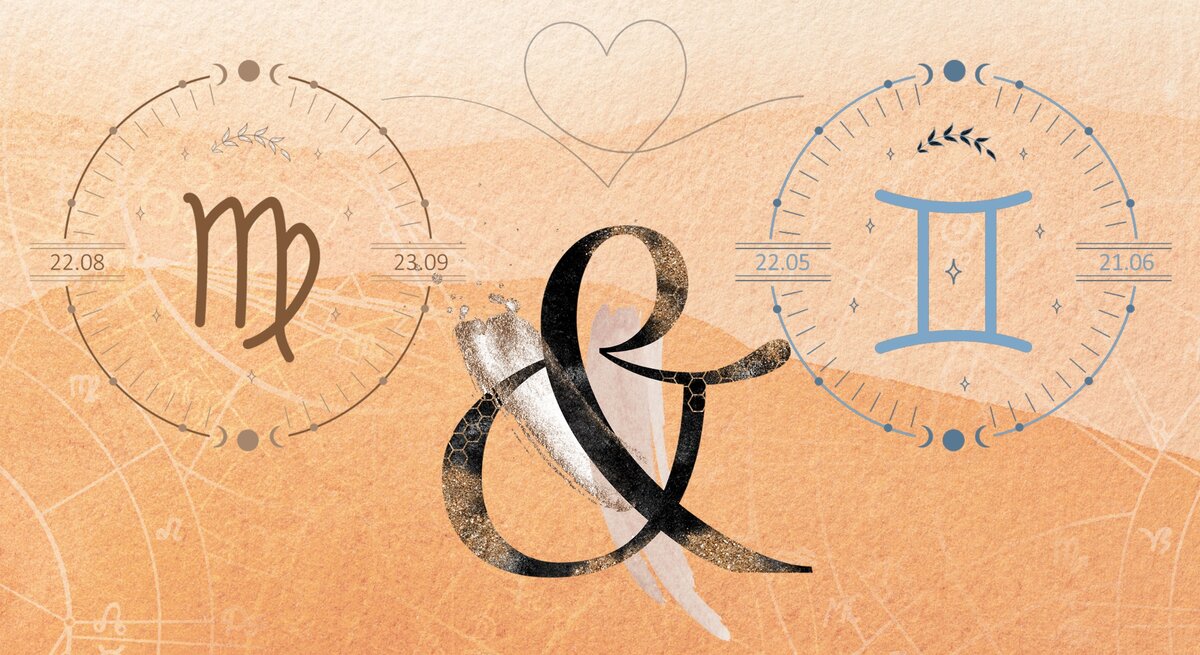Die astrologischen Symbole der Sternzeichen Jungfrau und Zwillinge vor einer orange-roten Aquarellzeichnung.
