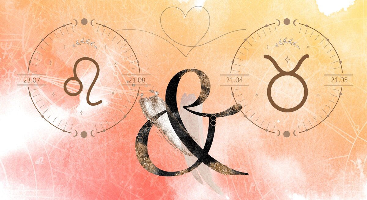 Die astrologischen Symbole der Sternzeichen Löwe und Stier vor einer orange-roten Aquarellzeichnung.