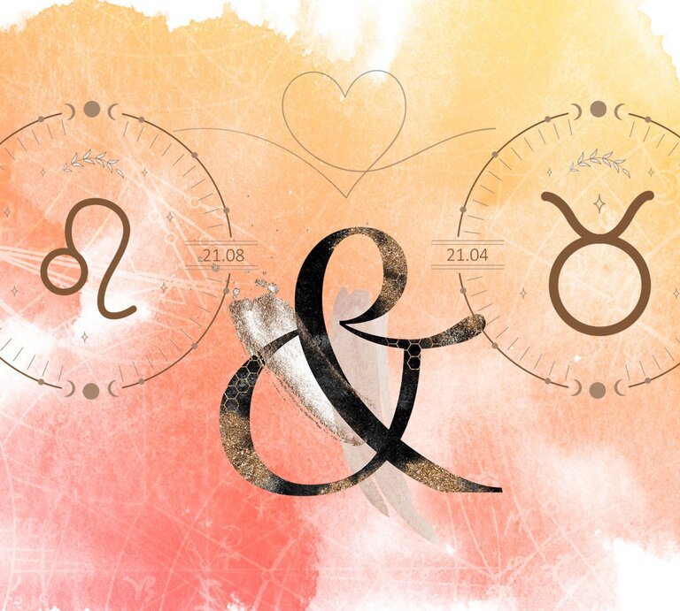 Die astrologischen Symbole der Sternzeichen Löwe und Stier vor einer orange-roten Aquarellzeichnung. | © Shutterstock, Getty Images