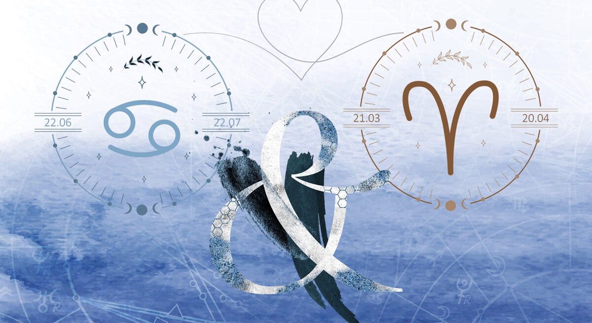 Die astrologischen Symbole der Sternzeichen Krebs und Widder vor einer hellblauen Aquarellzeichnung.