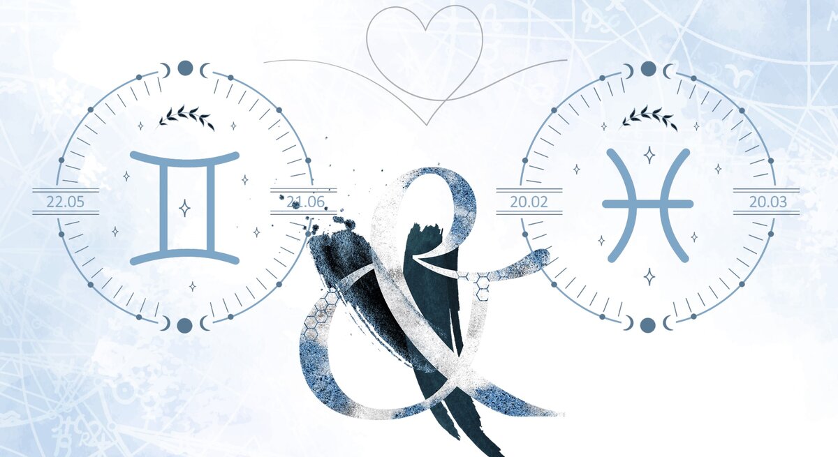 Die astrologischen Symbole der Sternzeichen Zwillinge und Fische vor einer hellblauen Aquarellzeichnung.