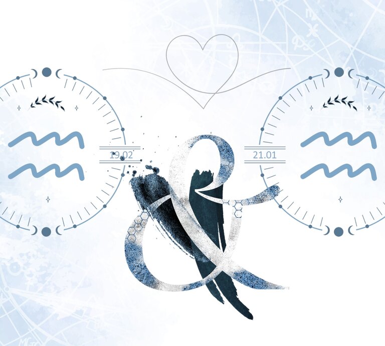 Die astrologischen Symbole des Sternzeichens Wassermann vor einer blauen Aquarellzeichnung. | © Shutterstock, GettyImages