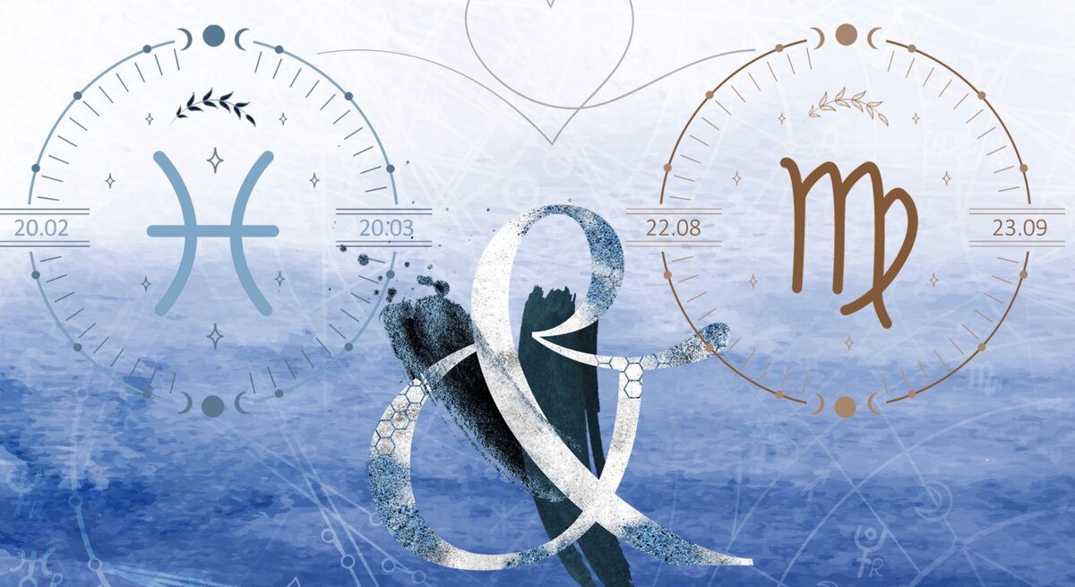 Die astrologischen Symbole der Sternzeichen Fische und Jungfrau vor einer blauen Aquarellzeichnung.