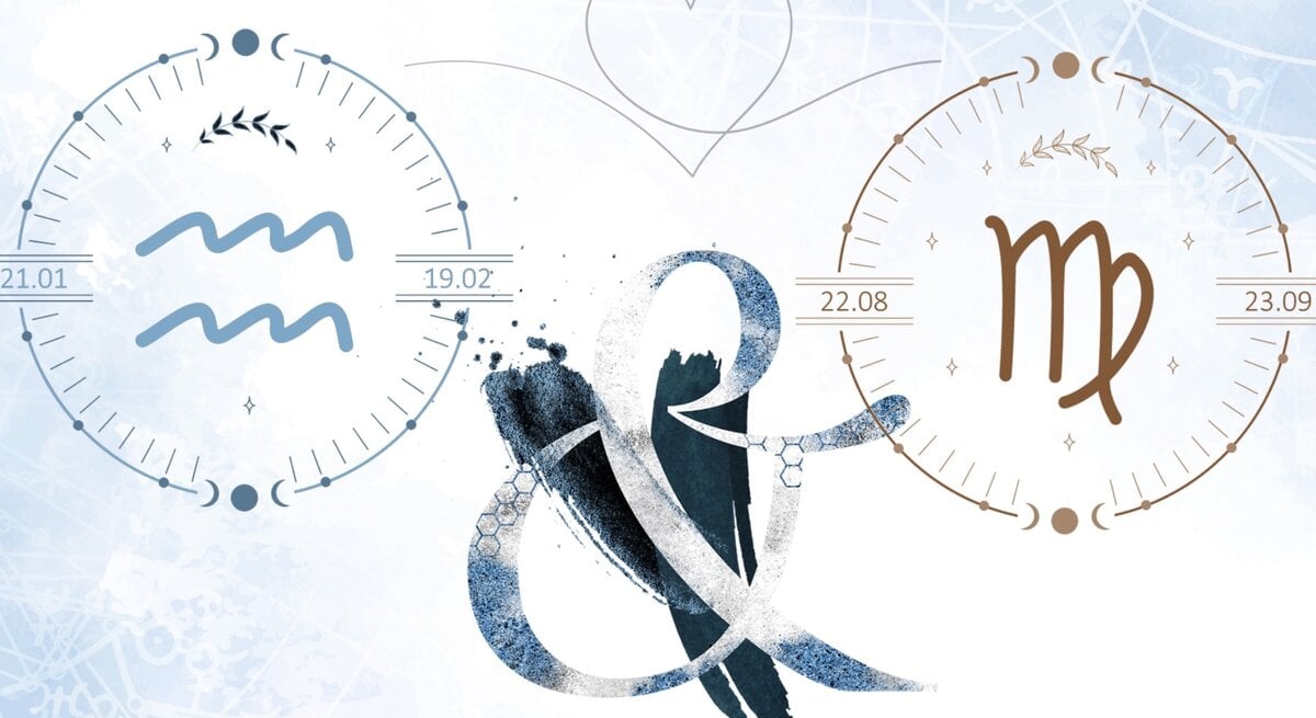 Die astrologischen Symbole der Sternzeichen Wassermann und Jungfrau vor einer hellblauen Aquarellzeichnung.