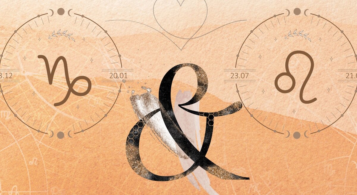 Die astrologischen Symbole der Sternzeichen Steinbock und Löwe vor einer orangefarbenen Aquarellzeichnung.
