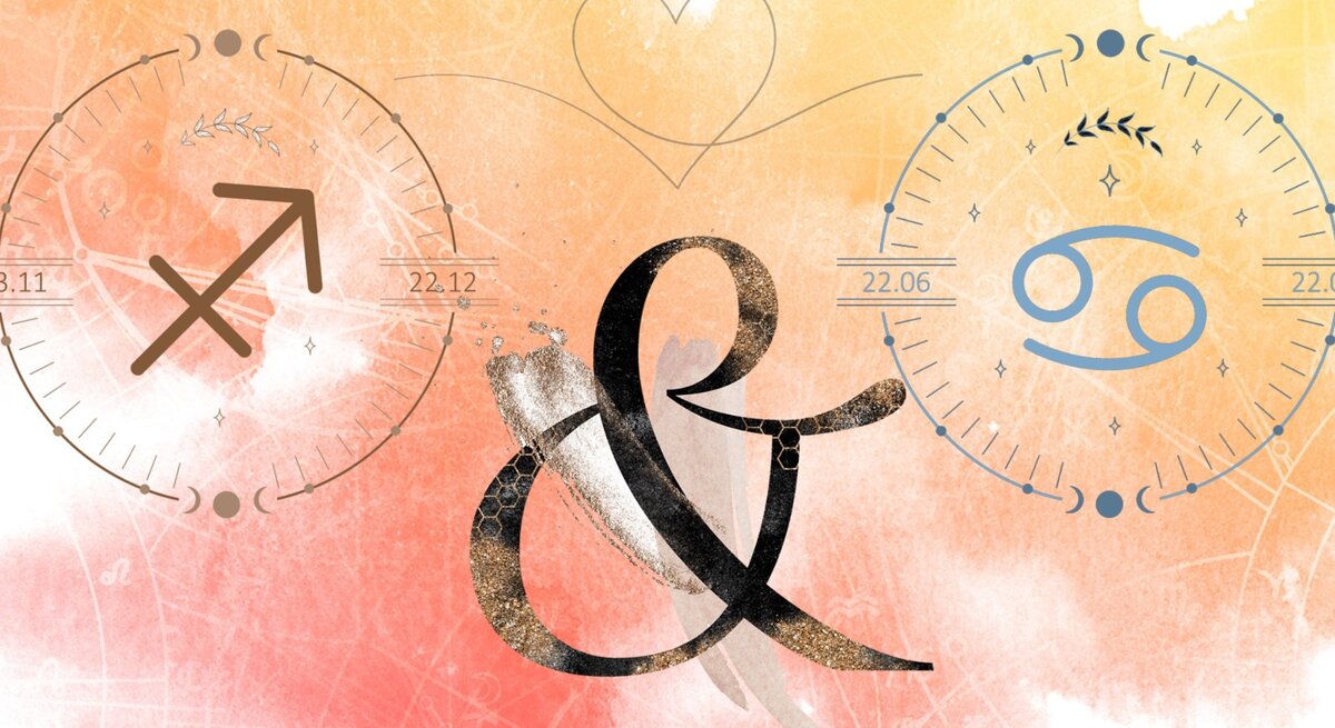Die astrologischen Symbole der Sternzeichen Schütze und Krebs vor einer orangefarbenen Aquarellzeichnung.