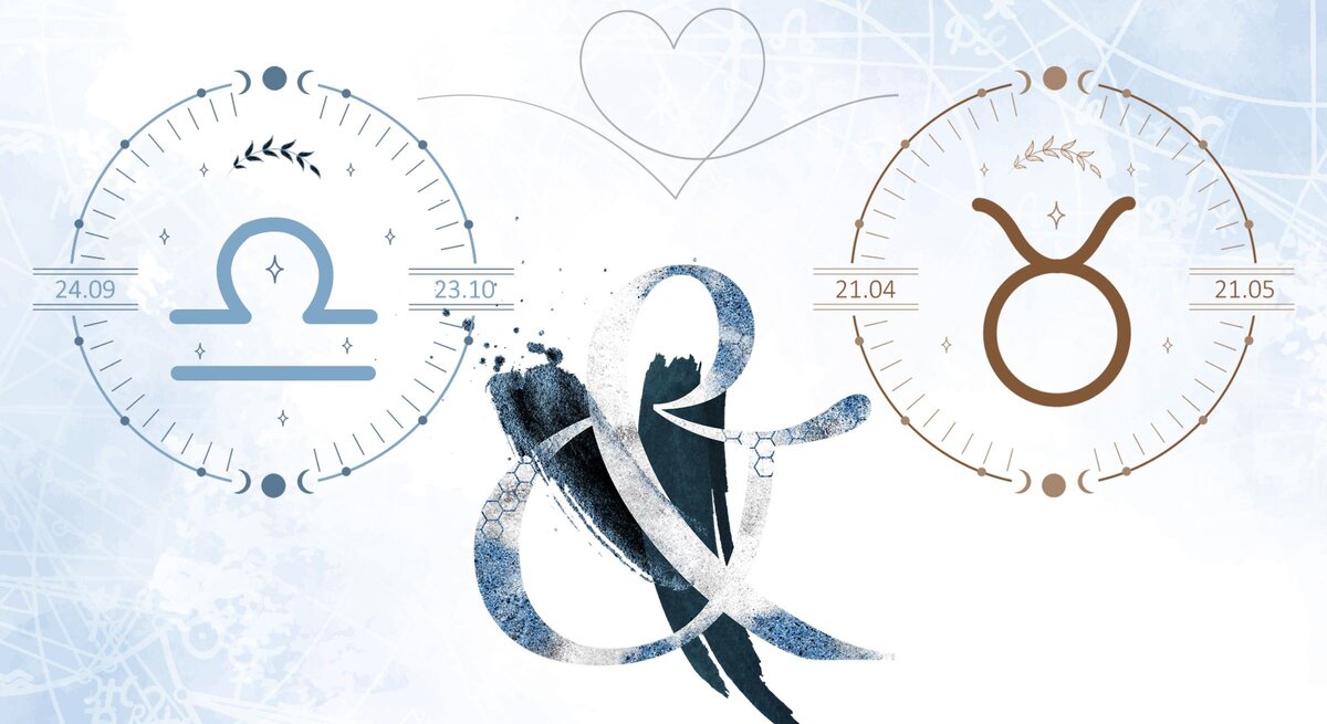 Die astrologischen Symbole der Sternzeichen Waage und Stier vor einer hellblauen Aquarellzeichnung.