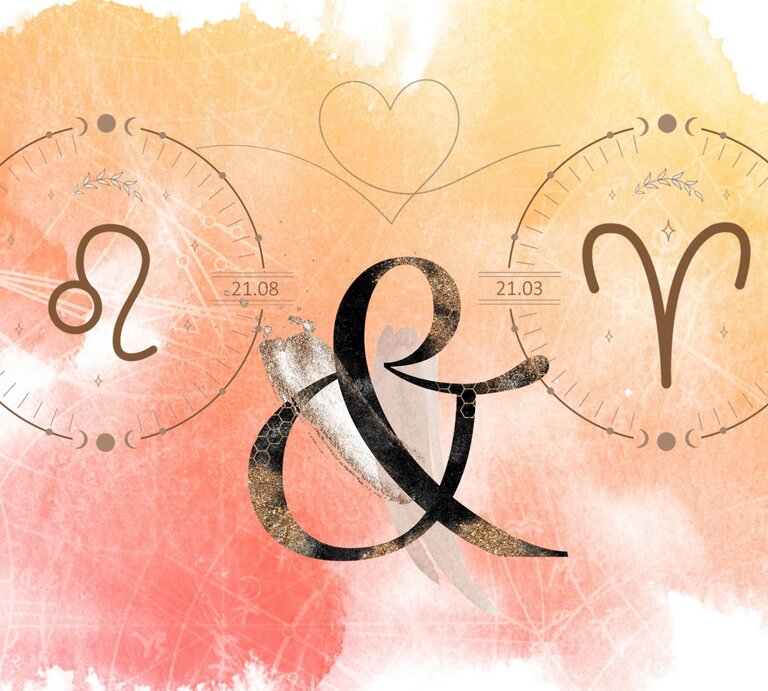 Die astrologischen Symbole der Sternzeichen Löwe und Widder vor einer orangefarbenen Aquarellzeichnung. | © Shutterstock, Getty Images