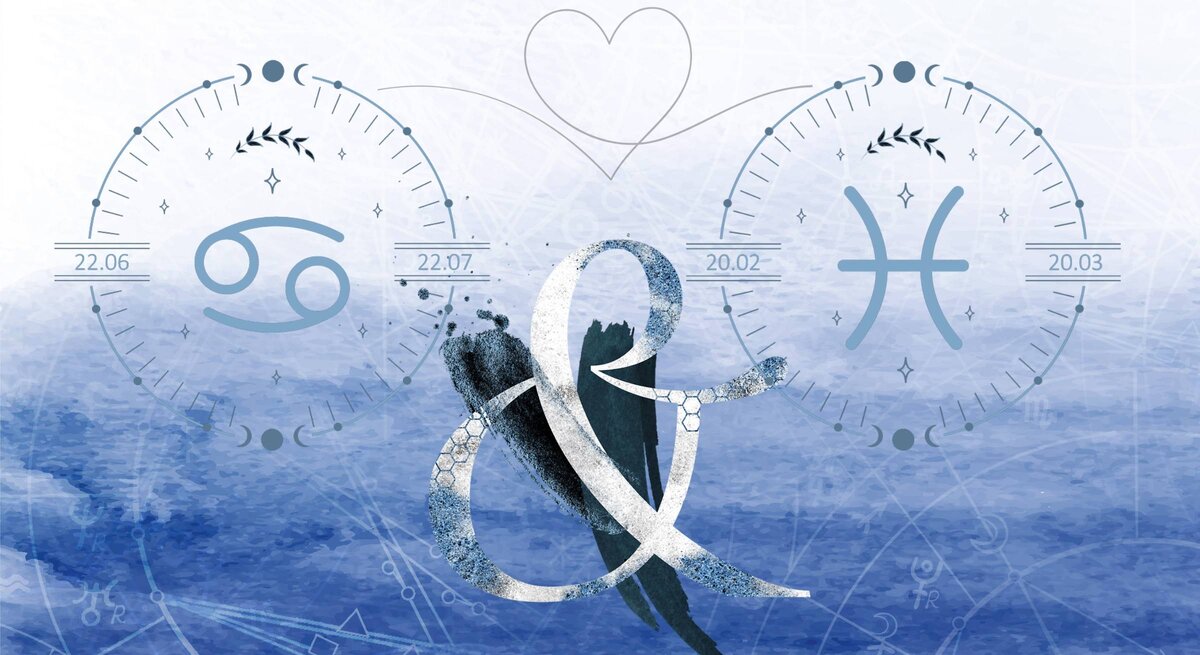 Die astrologischen Symbole der Sternzeichen Krebs und Fische vor einer hellblauen Aquarellzeichnung.