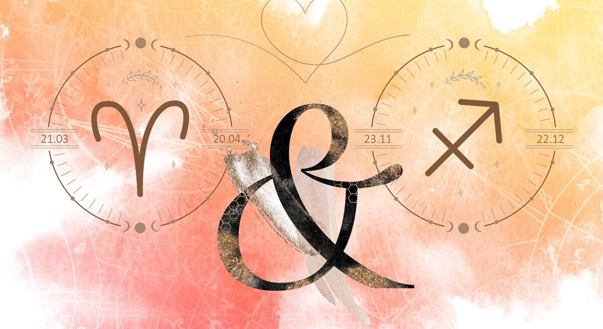 Die astrologischen Symbole der Sternzeichen Widder und Schütze vor einer orangefarbenen Aquarellzeichnung.