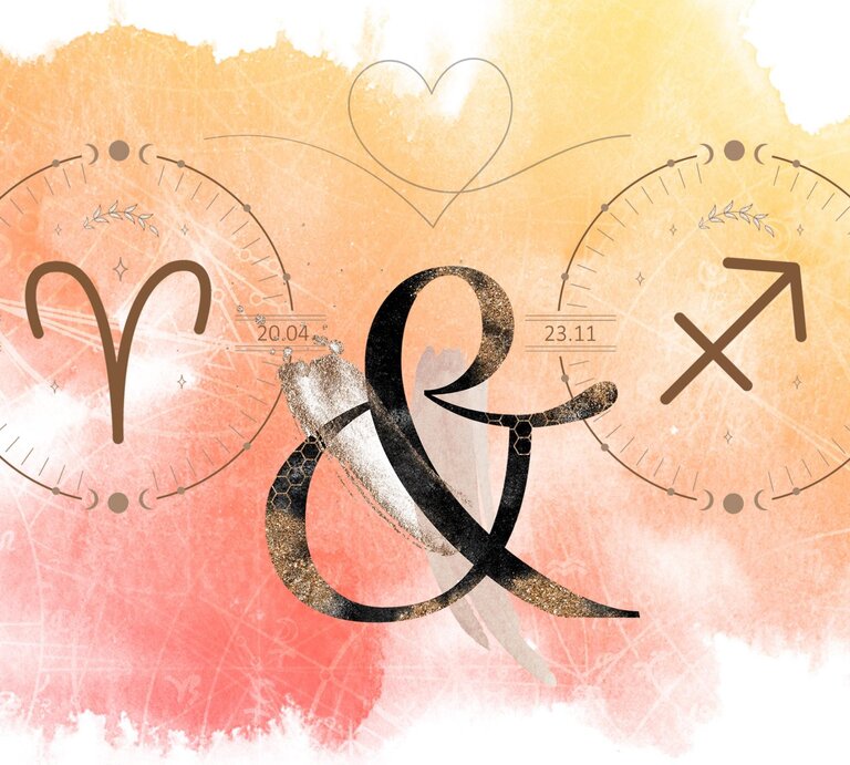 Die astrologischen Symbole der Sternzeichen Widder und Schütze vor einer orangefarbenen Aquarellzeichnung. | © Shutterstock, Getty Images
