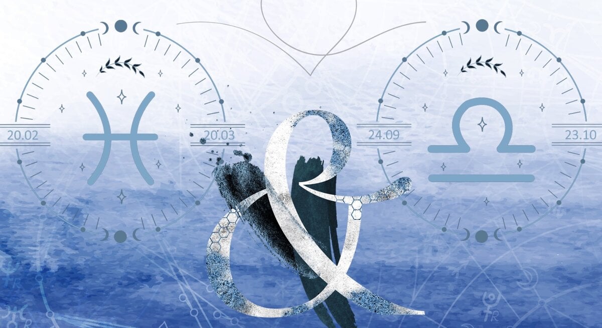 Die astrologischen Symbole des Sternzeichens Fische und Waage vor einer blauen Aquarellzeichnung.