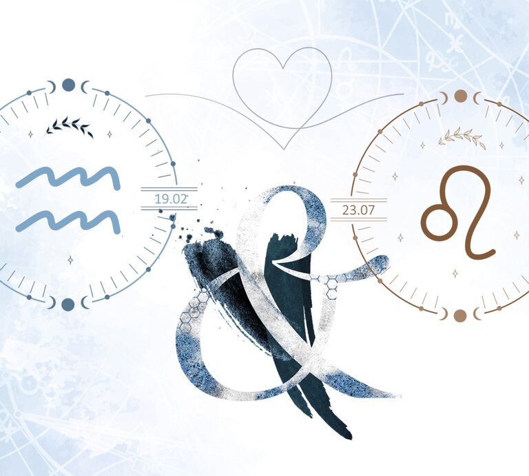 Die astrologischen Symbole der Sternzeichen Wassermann und Löwe vor einer blauen Aquarellzeichnung. | © Shutterstock, GettyImages
