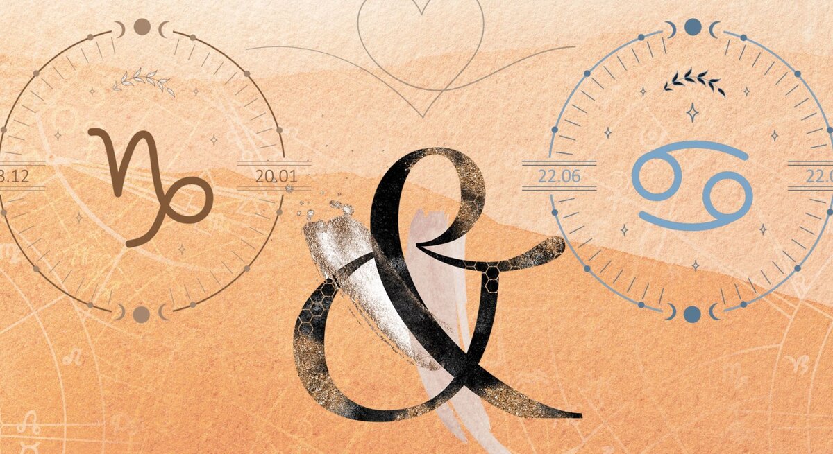 Die astrologischen Symbole der Sternzeichen Steinbock und Krebs vor einer orangefarbenen Aquarellzeichnung.