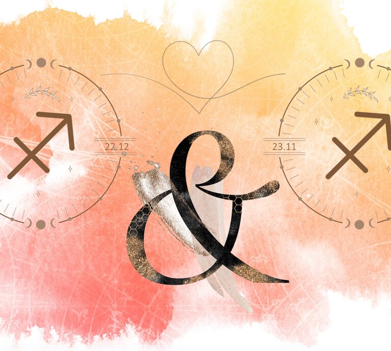 Die astrologischen Symbole des Sternzeichens Schütze vor einer orangefarbenen Aquarellzeichnung. | © Shutterstock, Getty Images