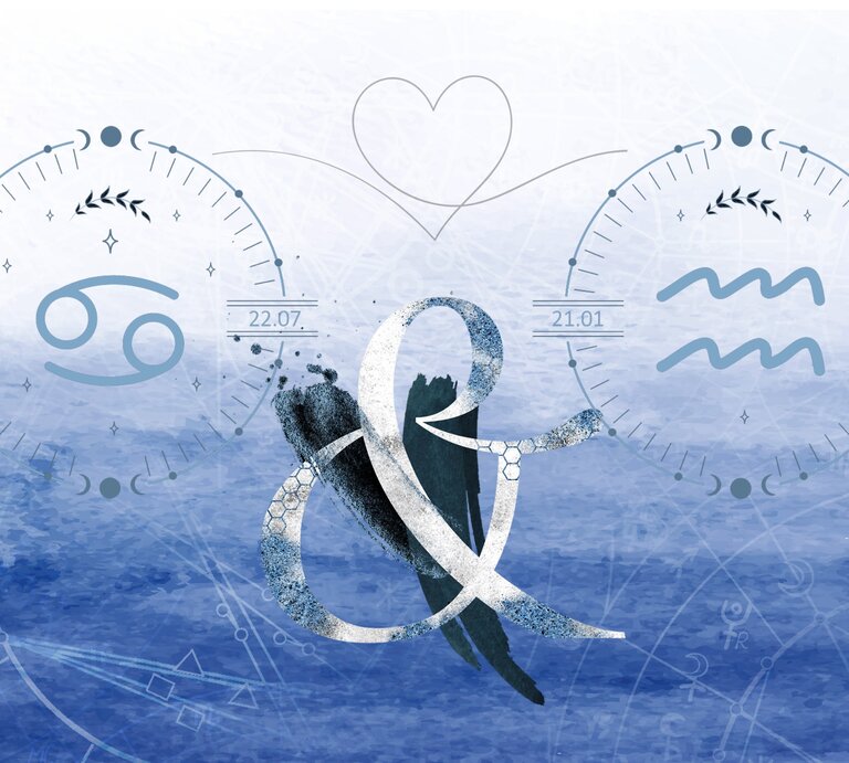 Die astrologischen Symbole der Sternzeichen Krebs und Wassermann vor einer blauen Aquarellzeichnung. | © Shutterstock, Getty Images