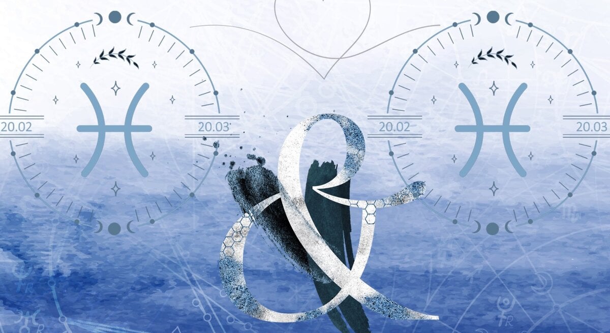 Die astrologischen Symbole des Sternzeichens Fische vor einer blauen Aquarellzeichnung.