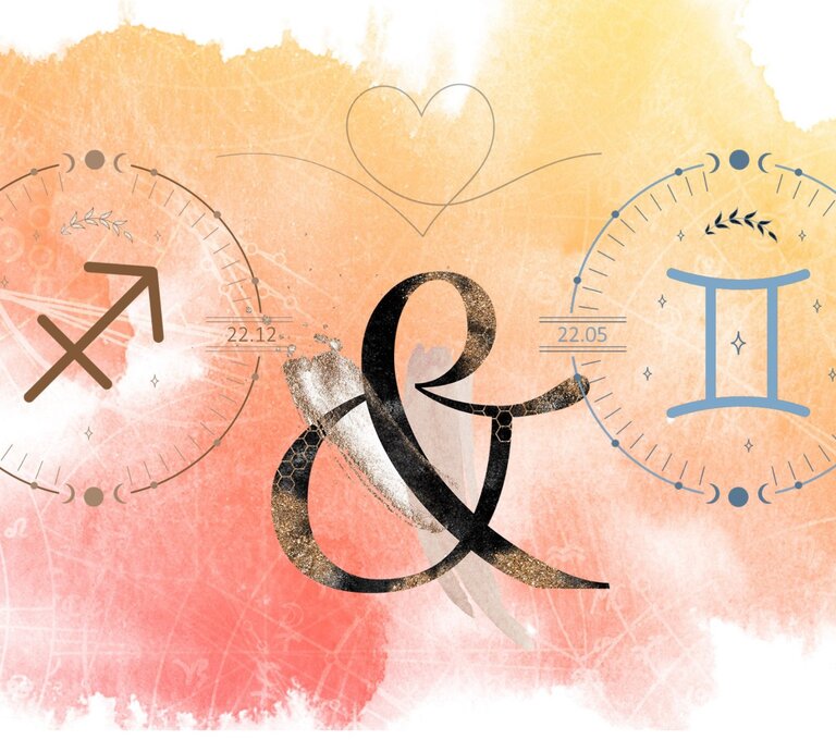 Die astrologischen Symbole des Sternzeichens Schütze und Zwillinge vor einer orangefarbenen Aquarellzeichnung. | © Shutterstock, Getty Images