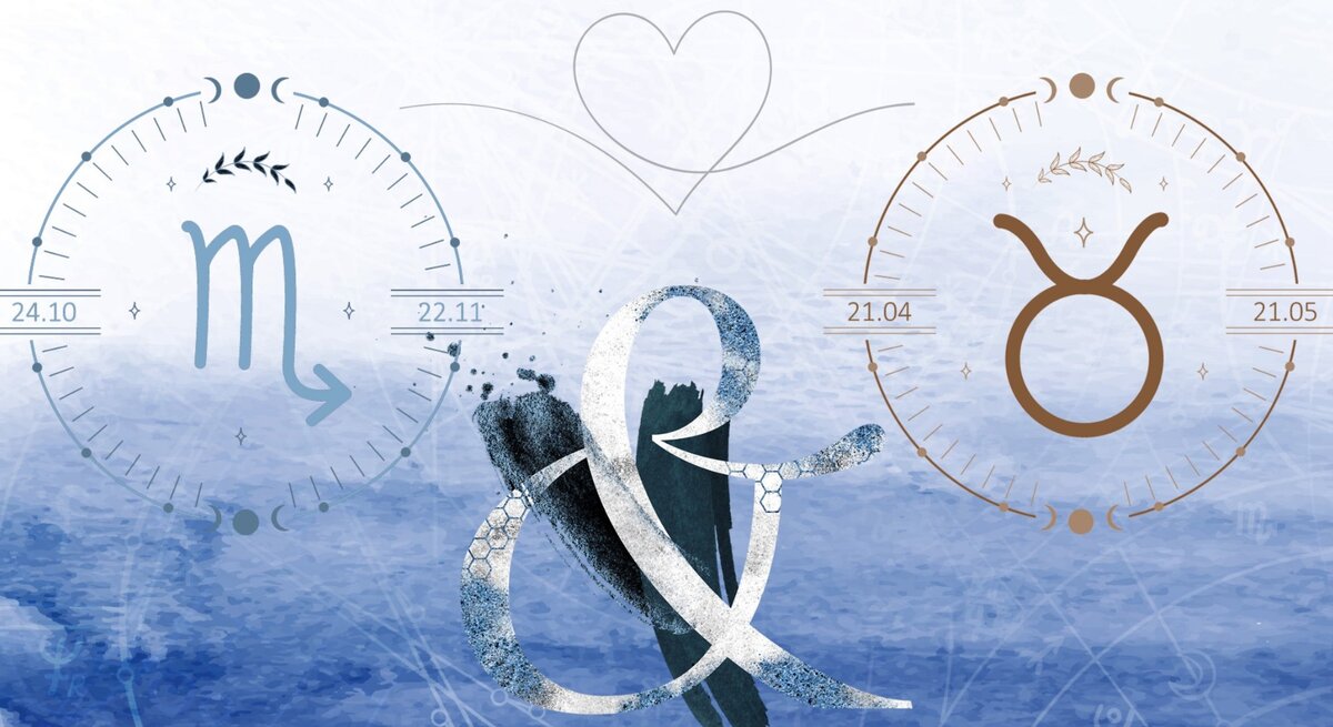 Die astrologischen Symbole der Sternzeichen Skorpion und Stier vor einer hellblauen Aquarellzeichnung.