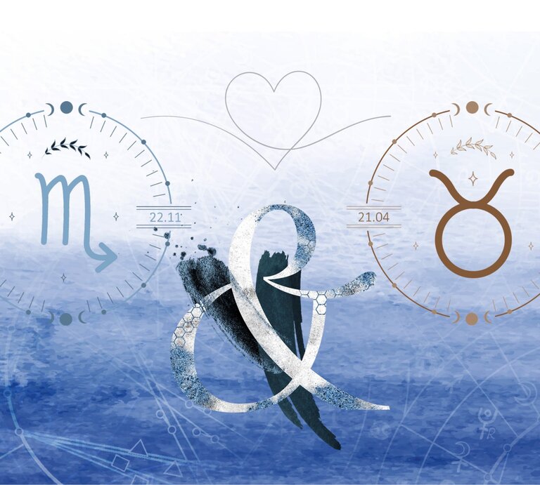 Die astrologischen Symbole der Sternzeichen Skorpion und Stier vor einer hellblauen Aquarellzeichnung. | © Shutterstock, Getty Images