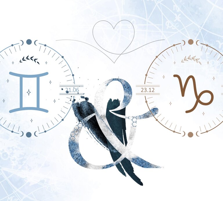 Die astrologischen Symbole der Sternzeichen Zwillinge und Steinbock vor einer hellblauen Aquarellzeichnung. | © Shutterstock, Getty Images