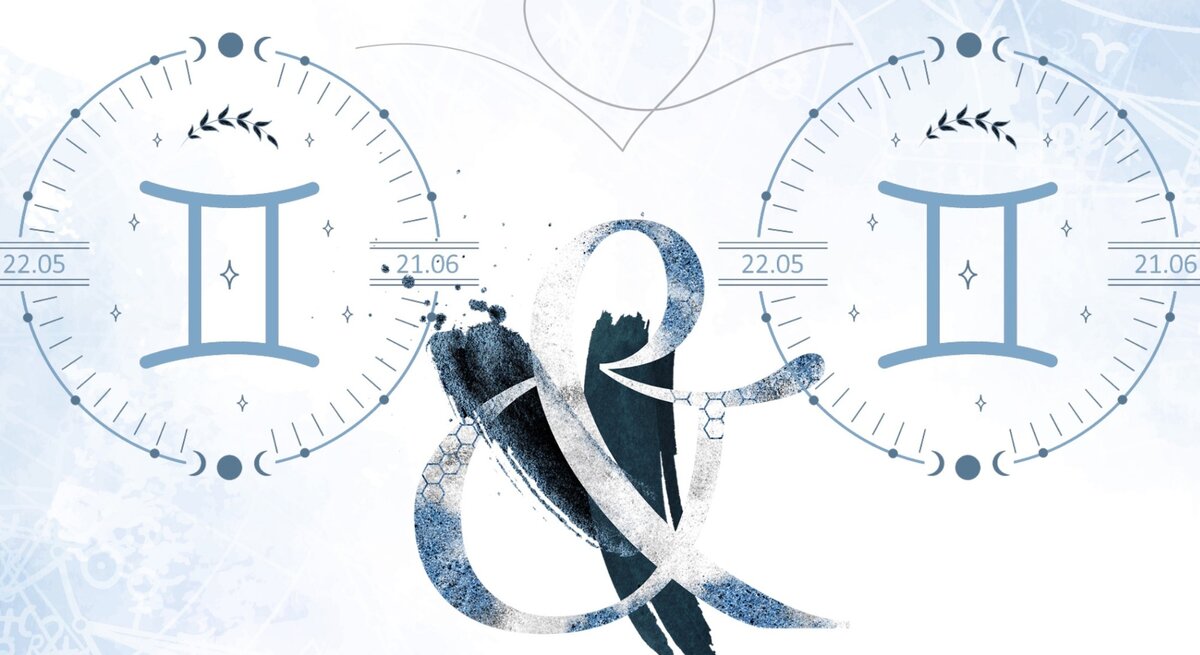 Die astrologischen Symbole der Sternzeichen Zwillinge vor einer hellblauen Aquarellzeichnung.