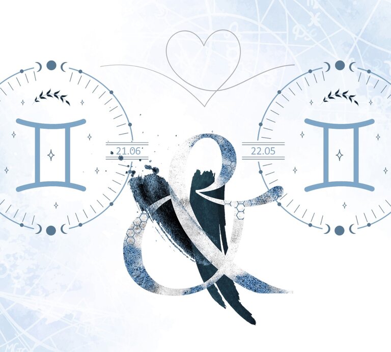 Die astrologischen Symbole der Sternzeichen Zwillinge vor einer hellblauen Aquarellzeichnung. | © Shutterstock, Getty Images