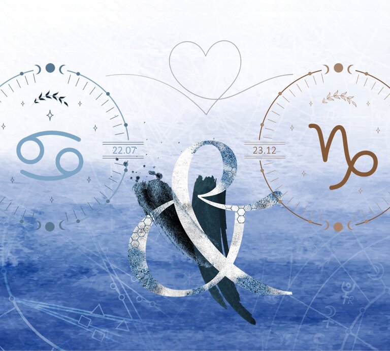 Die astrologischen Symbole der Sternzeichen Krebs und Steinbock vor einer blauen Aquarellzeichnung. | © Shutterstock, Getty Images