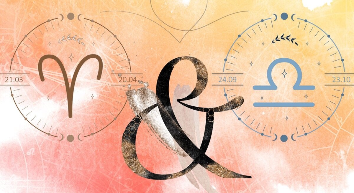 Die astrologischen Symbole der Sternzeichen Widder und.Waage vor einer orangefarbenen Aquarellzeichnung.