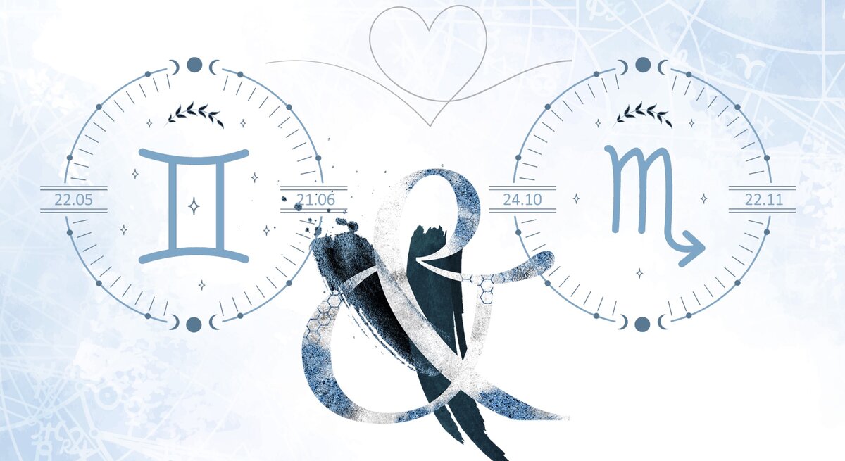 Die astrologischen Symbole der Sternzeichen Zwillinge und Skorpion.
