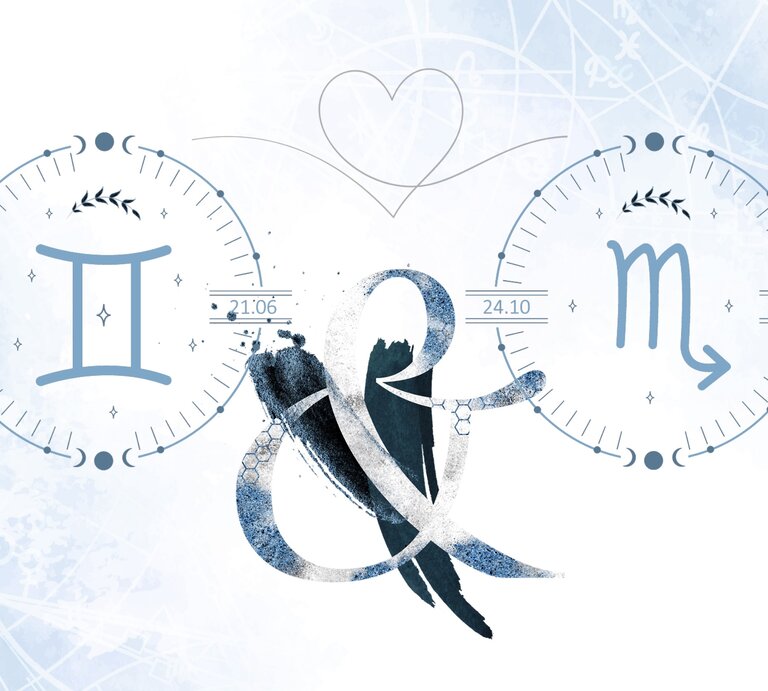 Die astrologischen Symbole der Sternzeichen Zwillinge und Skorpion. | © Shutterstock, Getty Images